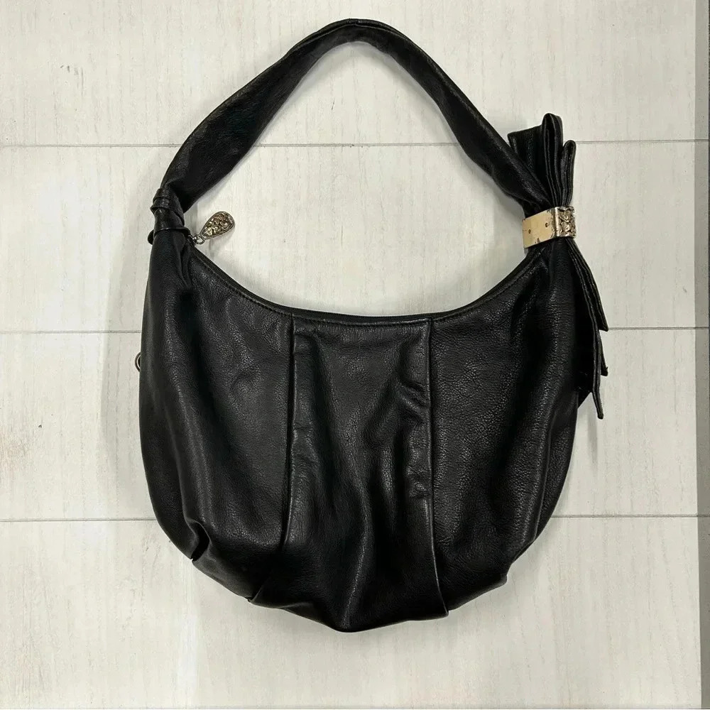 Brighton Sangria Black Leather Hobo Bag Shoulder Purse Bow on side‎ Gold Accent